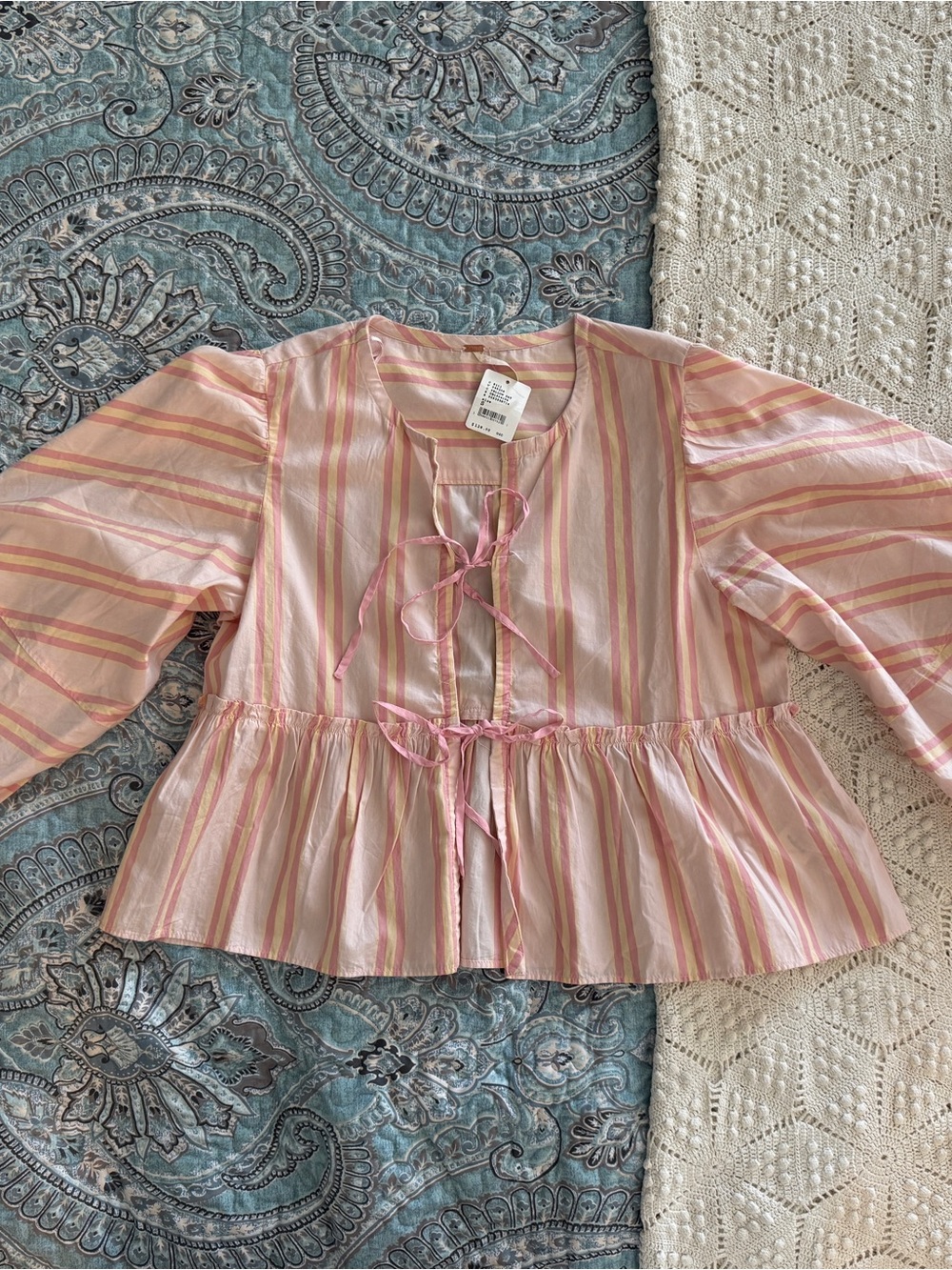 Free People Pink Striped Tie-Front Peplum Blouse